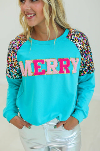 MERRY Turquoise Sweatshirt Top Southern Grace   