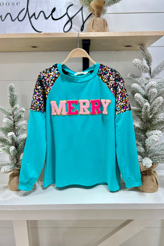 MERRY Turquoise Sweatshirt Top Southern Grace   