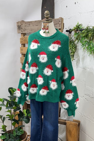 Nickie Santa Sweater Green Shirts & Tops Top It Off/Darrah and Company   