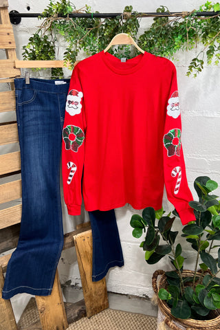 Santa, Wreath, Cane Long T-Shirt Red Shirts & Tops Sugar Stitch/Faire   