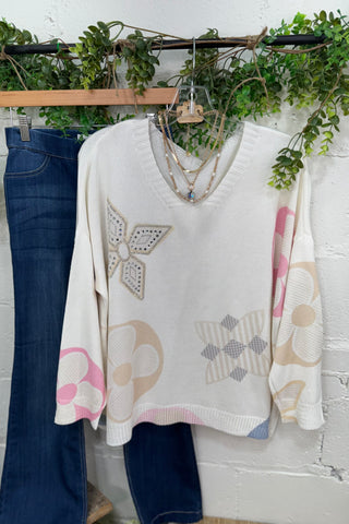 Burnished Flower Ivory/Beige Multi sweater Miss Carla