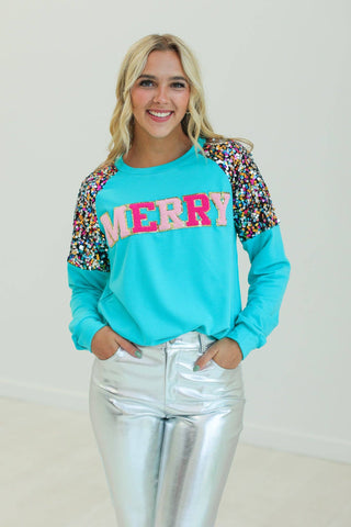 MERRY Turquoise Sweatshirt Top Southern Grace   